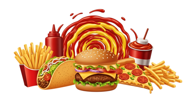 Colorful and vibrant fast food illustration isolated on transparent background, featuring a burger, taco, pizza, fries, ketchup, mustard, and a soda, perfect for menus, advertisements, and promotional