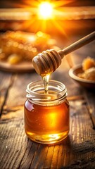 Golden Honey Drizzling from Wooden Dipper into Glass Jar Rustic Wooden Table with Honeycomb and Warm Sunset Background