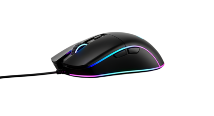 Closeup of a black gaming mouse isolated on transparent background, showcasing its ergonomic design, customizable rgb lighting, and precise sensor for enhanced gameplay and comfortable extended use