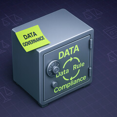 Data governance safe storage box with compliance cycle label and sticky note expressing secure data management and policy adherence
