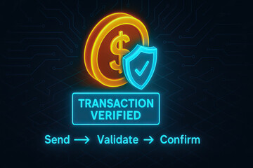 Transaction verified neon icon with coin and shield, send validate confirm steps in glowing cybersecurity interface