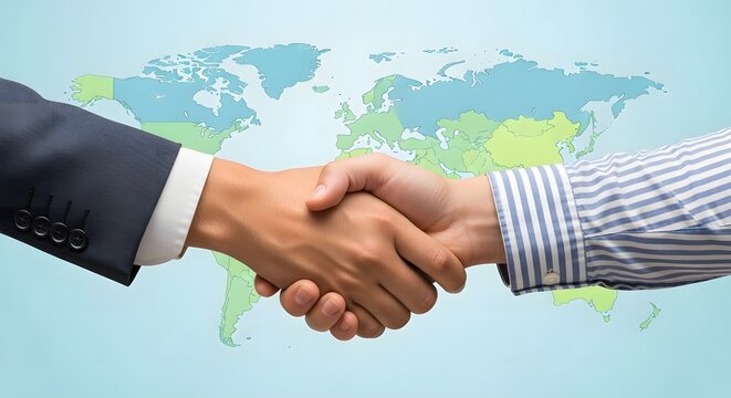 Two businessmen shaking hands, signifying a global business agreement or partnership, against a world map background.