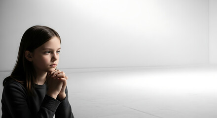 A young girl with hands clasped in prayer, looking thoughtful in a white room.
