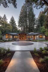 Fototapeta premium A modern home's circular driveway, illuminated at twilight, is framed by lush greenery and a paved pathway.
