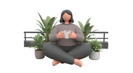 Relaxed Woman Sitting Cross Legged with Coffee in Indoor Garden