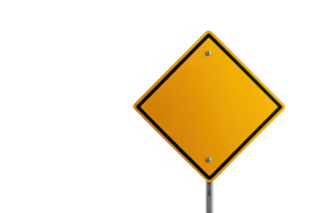 Blank diamond shaped yellow road sign on pole isolated on a transparent background