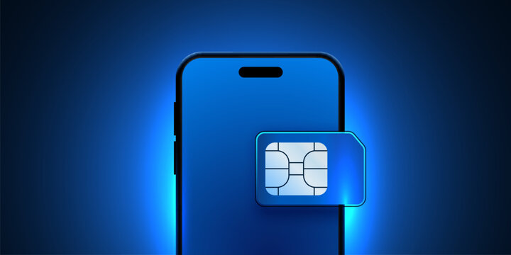 3d mobile phone screen on light glow background with glass sim card chip. Futuristic sim card or eSim symbol.