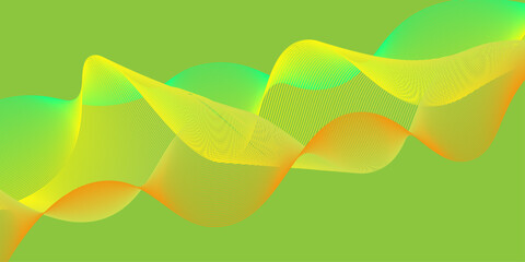 Wavy lines and colorful curves create a vibrant abstract background with a green leaf pattern for a decorative and textured wallpaper. wave, vector, curve, line, color, light, backdrop, orange, shape