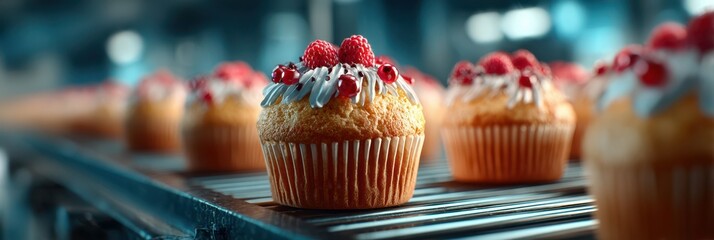 Delicious cupcakes with raspberry toppings lined up on a production conveyor belt in a bakery during morning baking hours