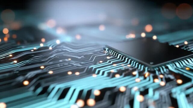 Close-up of a computer circuit board with glowing blue traces and a microchip.