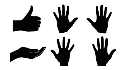 Black Silhouette Human Palm Hand Icon Set – 6 Minimal Gesture Symbols