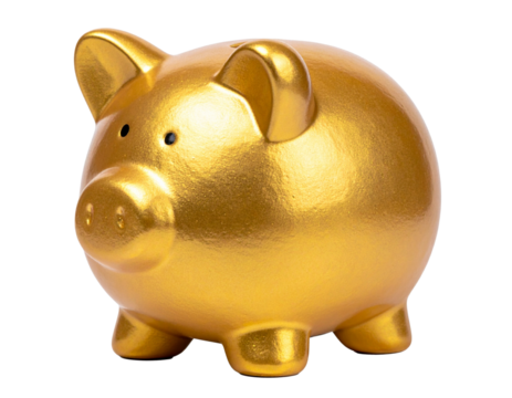  Golden piggy bank symbolizing wealth and savings isolated on transparent background PNG