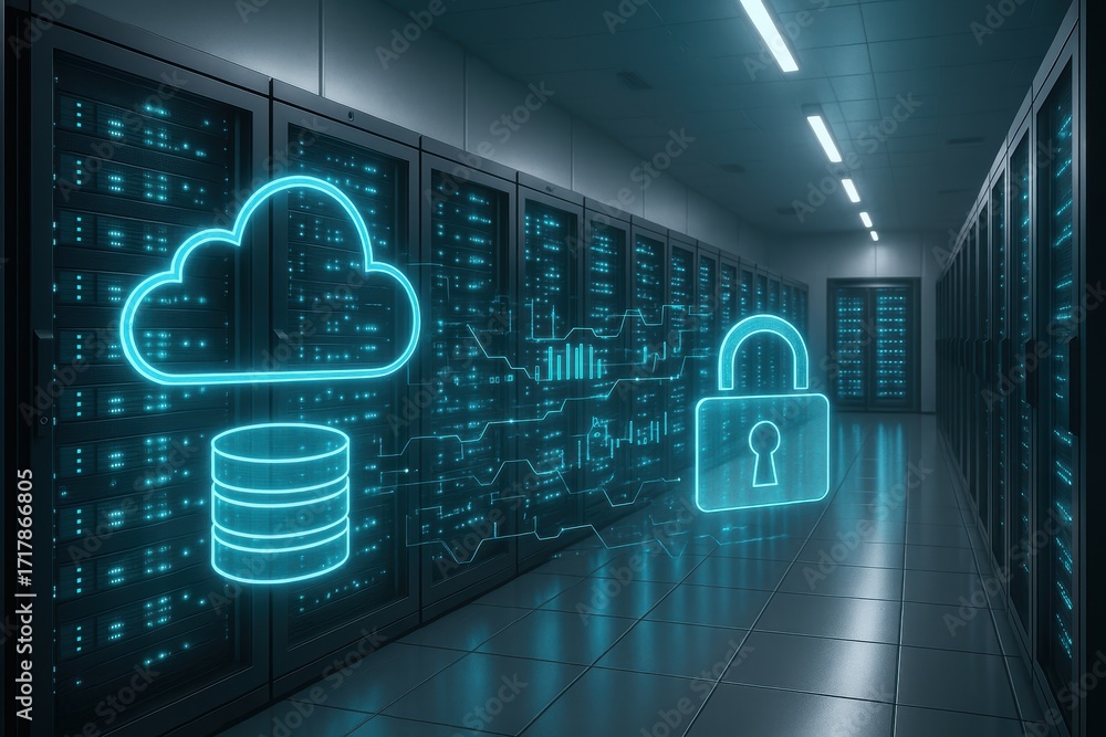 Poster digital fortress: a futuristic server room radiates digital security, illuminating data storage, clo