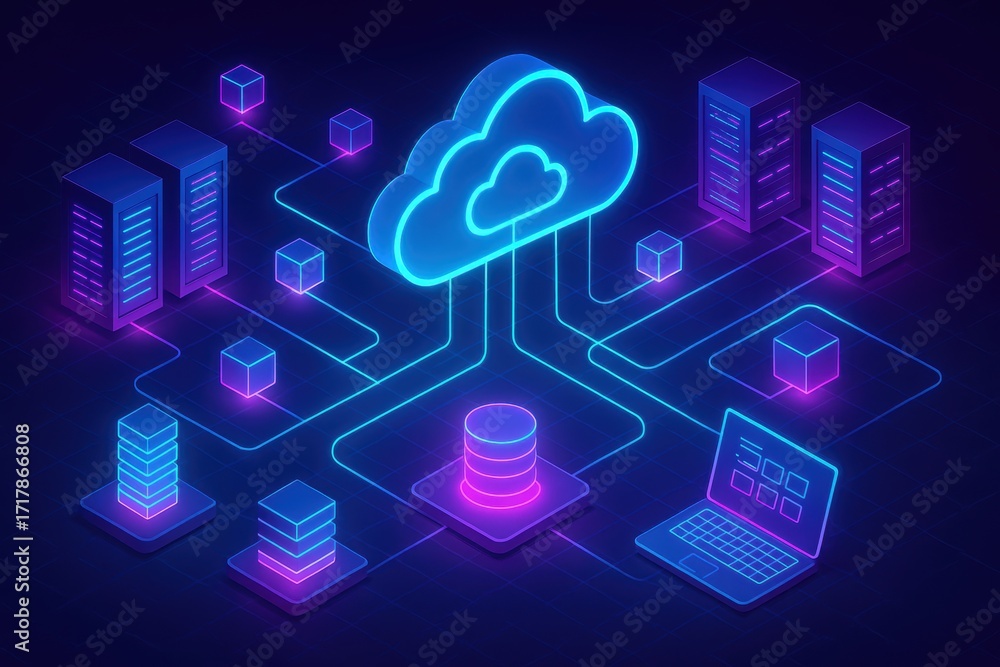 Poster digital cloud technology: depicting a futuristic cloud computing network, with interconnected server