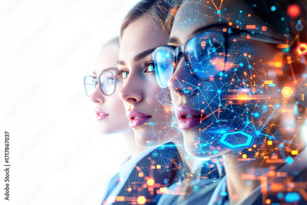 Poster futuristic business concept showing three women in glasses with digital network overlay suggesting a