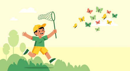 Joyful Child Chasing Butterflies With A Net In A Sunny And Picturesque Setting