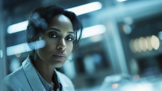 A woman looks through a glass partition in a blue-lit lab or office, with a serious expression.
