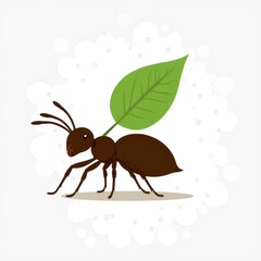 Industrious ant with leaf: An illustration of a determined ant meticulously carries a lush green leaf, exemplifying the relentless spirit of nature's smallest architects.