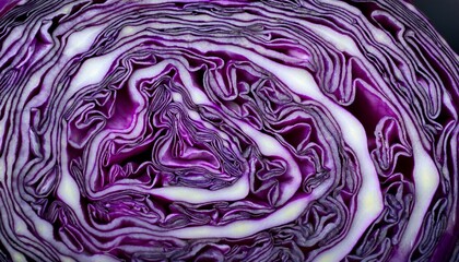 Obraz premium Closeup Of Vibrant Purple Cabbage Texture Showing Intricate Swirling Patterns And Layers Against A Dark Background For A Striking Visual Contrast