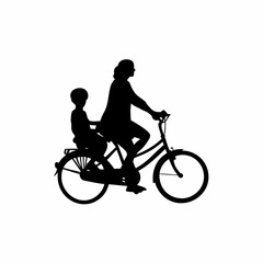Fototapeta premium Silhouette of mother and son riding bicycle tandem isolated on white background
