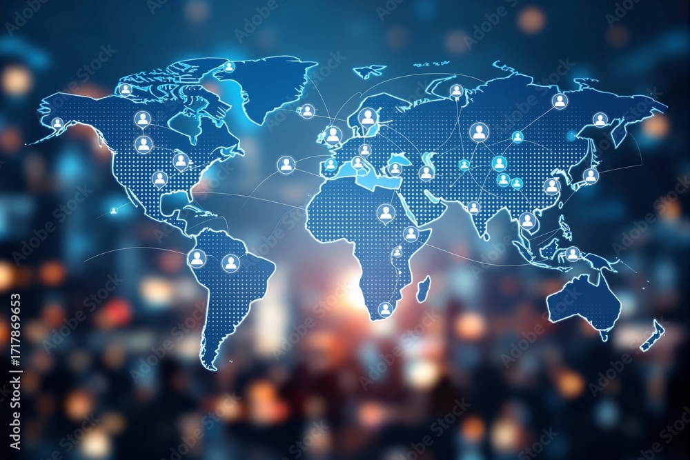 Poster global digital network map of connected people icons across continents on blue background representi