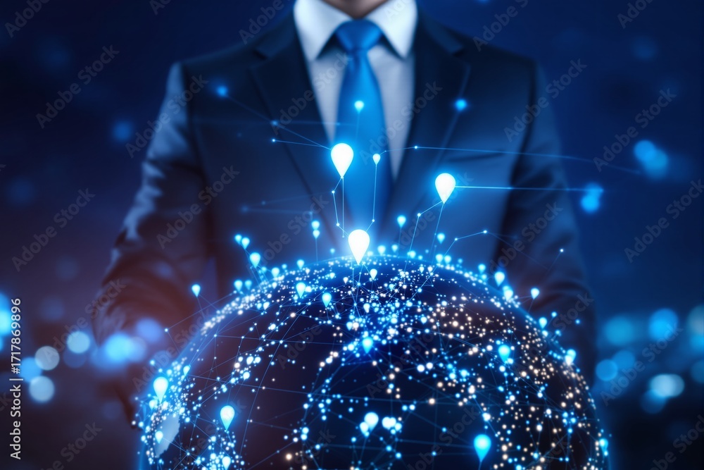 Poster businessman interacting with glowing digital world map and network connection points representing gl