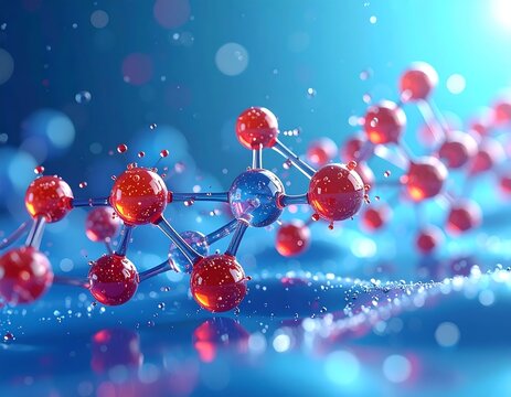 Molecular structure in vibrant blue and red