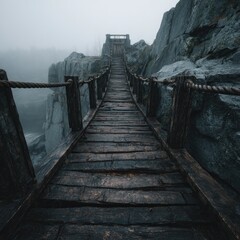 A weathered wooden suspension bridge, stretching into a misty mountain landscape, leads to a dark structure, evoking a sense of mystery and adventure.