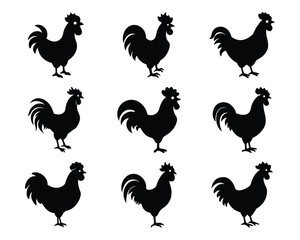 Black rooster silhouettes on white background for design and decorative purposes