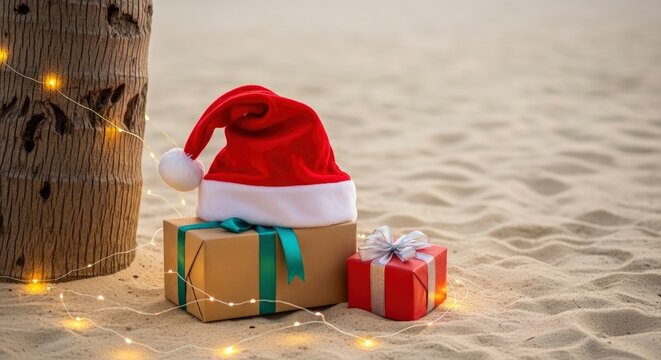 Beach scene with Santa hat on a wrapped box near a tree trunk with string lights