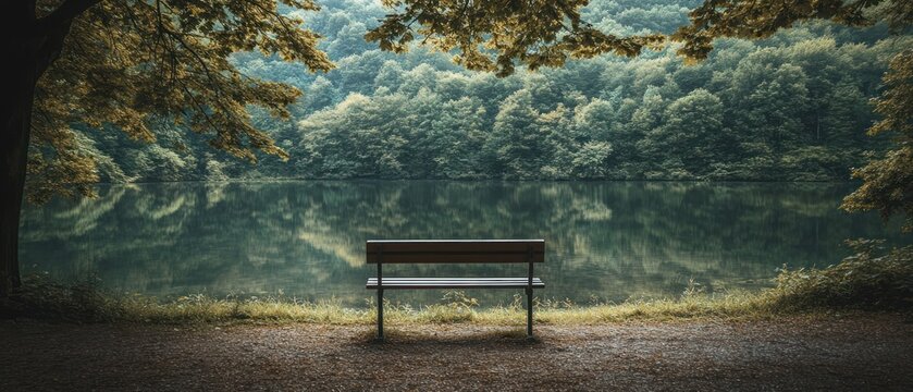 Serene lake view with wooden bench tranquil nature scene