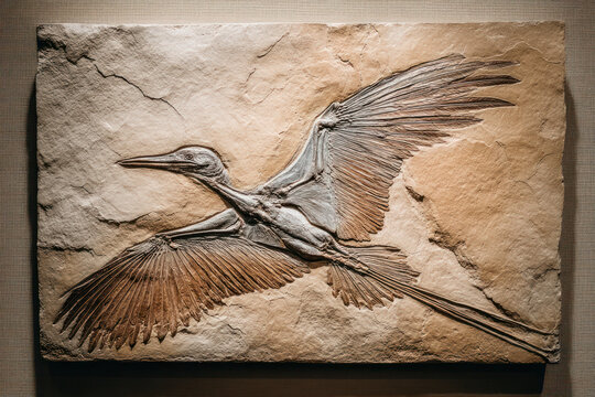 A fossilized bird with intricate wing structures is displayed in a museum, showcasing its ancient features