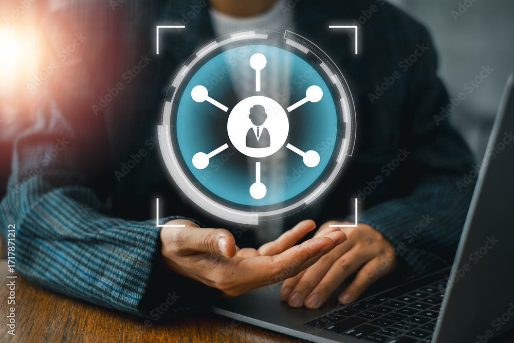 Poster visual representation of omni-channel strategy with digital network icons, illustrating seamless int