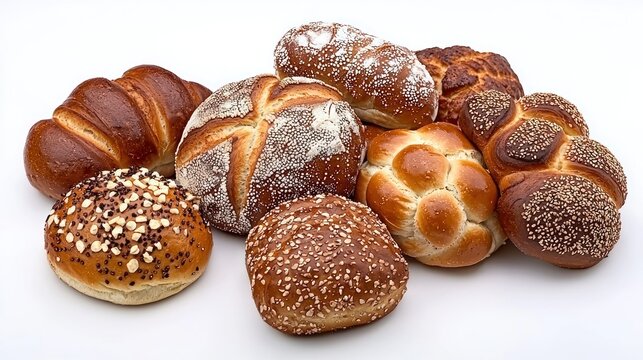 A collection of assorted, freshly baked pretzel rolls are arranged on a white surface. The pretzels vary in size and shape, with some covered in coarse salt or sesame seeds. - Powered by Adobe