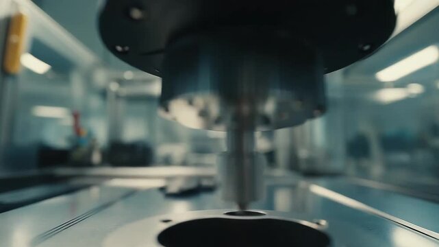 Close-up view of a precision milling spindle and cutting tool aligned with a metal workpiece on a machine table.