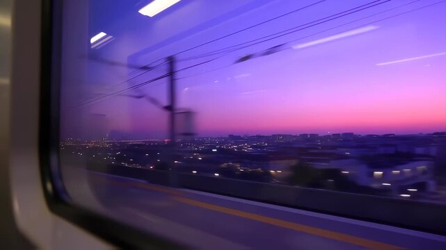 Blurry city view from a train window at sunset. Vivid purple and pink hues