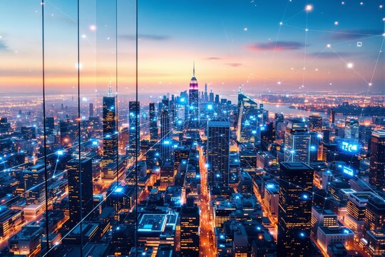 Futuristic smart city skyline at sunset with glowing digital network connections symbolizing business innovation and communication concept. Ai generative