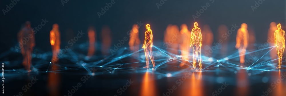 Poster a digital representation of interconnected figures, symbolizing network connections and the flow of 