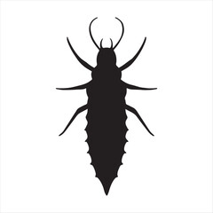 Silhouette of a predatory lacewing larva with segmented body and antennae on a white background