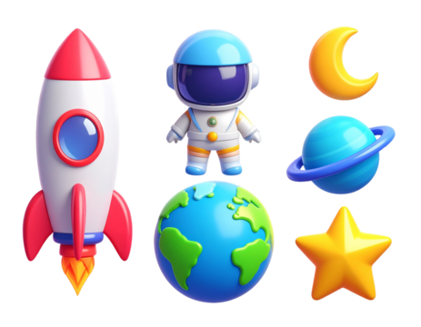 Minimal style 3D cartoon cosmic objects astronaut planets star and spaceship isolated on transparent background PNG