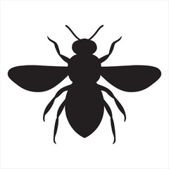 Black silhouette of a bee with spread wings and visible legs and antennae on a white background