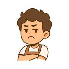 Angry man cartoon with crossed arms illustration. Upset character with apron showing annoyed face. Barista mascot expression of frustration flat design.