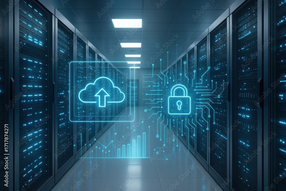 Poster digital sanctuary: a futuristic image depicts the heart of a modern data center, highlighting cloud 