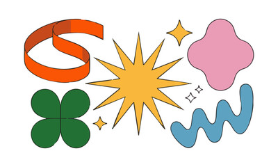 Playful Abstract Vector Shape Elements Set, Mid Century Flat Stickers on White, Groovy funky flowers, bubbles, stars, loops and waves in trendy retro cartoon style, easily editable and scalable.