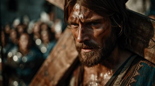 Simon of Cyrene helps to carry the cross of Jesus Christ &mdash; carrying the cross together, human sympathy. The Life and suffering of Jesus Christ of Nazareth.