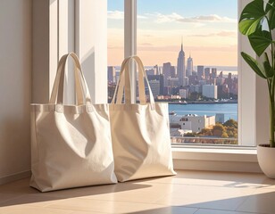 Two Beige Tote Bags by Window with City View