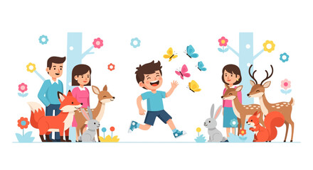 Fototapeta premium Joyful Child Running Through Nature: Animals, Butterflies, and Happy Family Together