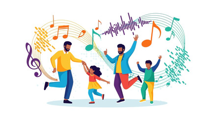Fototapeta premium Joyful Family Dancing Together Amidst Musical Notes and Symbols of Celebration