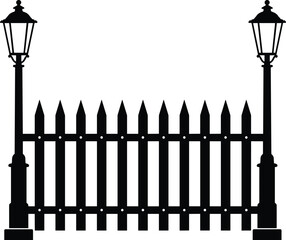 Vintage wrought iron fence with sharp spikes and classic street lamps, black silhouette design for decoration, architecture, Halloween or cemetery scene