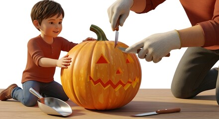 Young Child and Adult Carving Jack O Lantern Pumpkin During Halloween